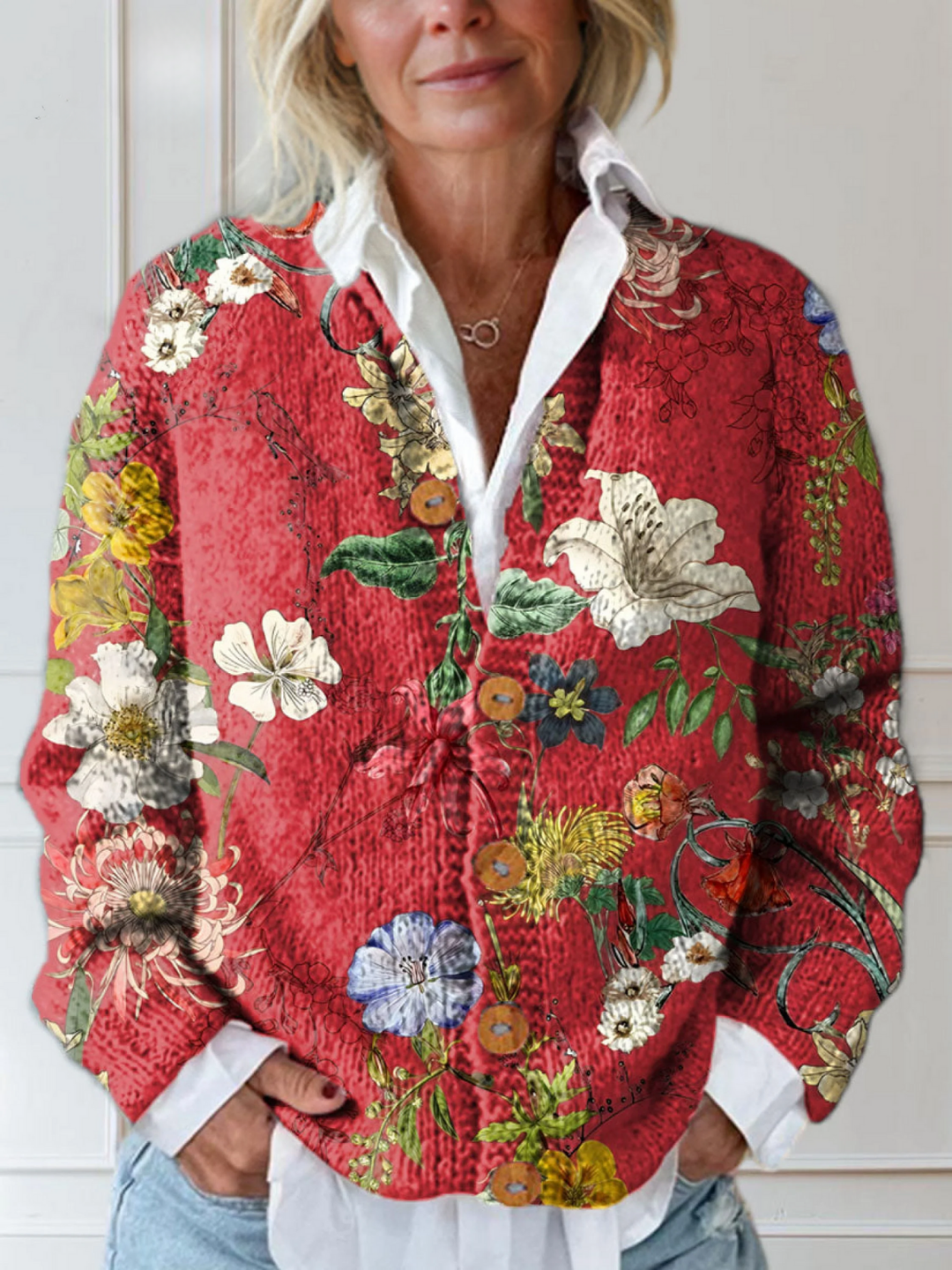 Vintage cardigan with floral art print and buttons