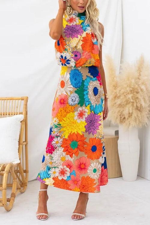 Nele | Sleeveless maxi dress with knotted waist and floral print