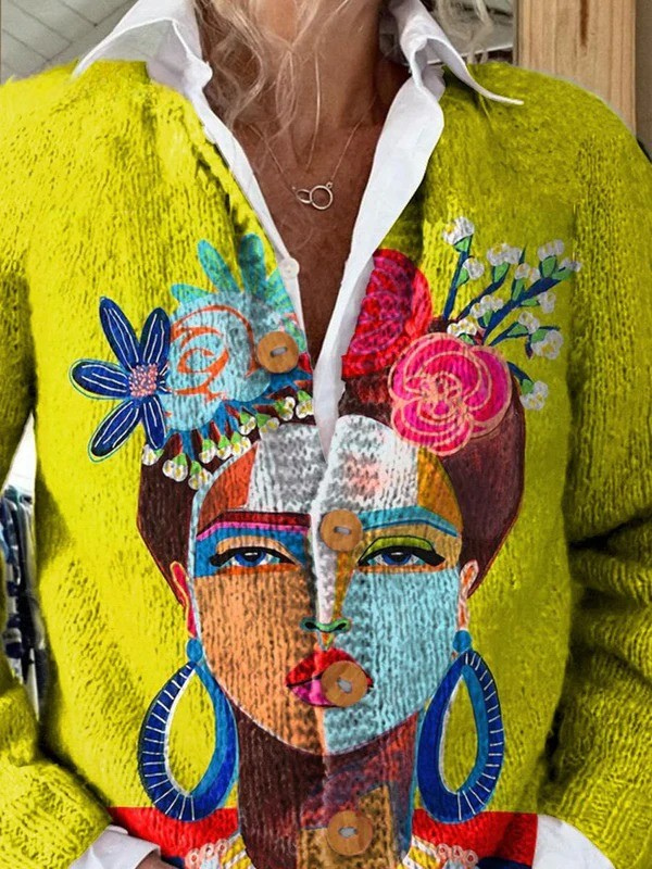Cardigan with painted portrait art print and buttons
