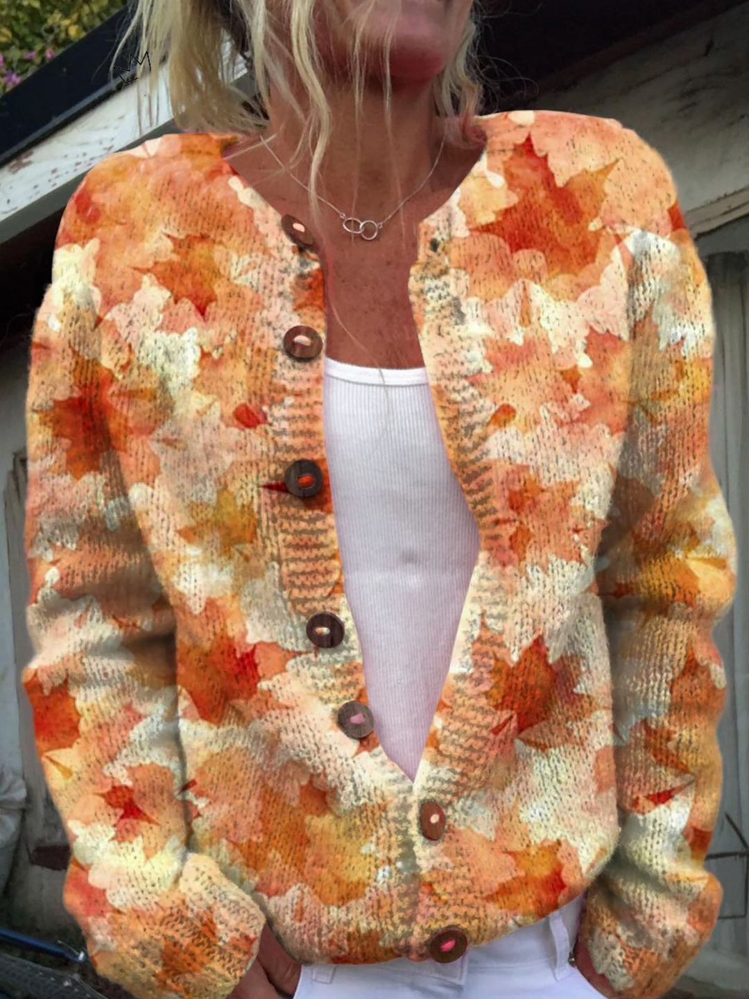 Fall cardigan with maple leaf art print and buttons
