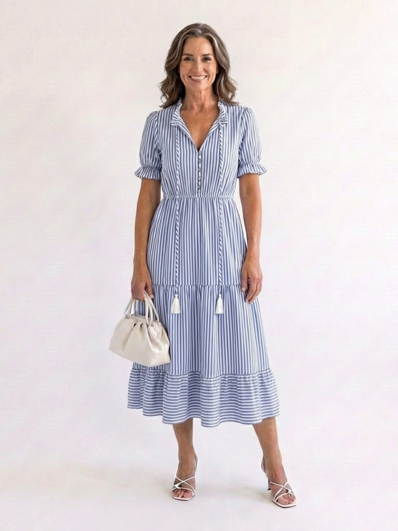 Marguerite Sky Blue Striped Tiered Midi Dress