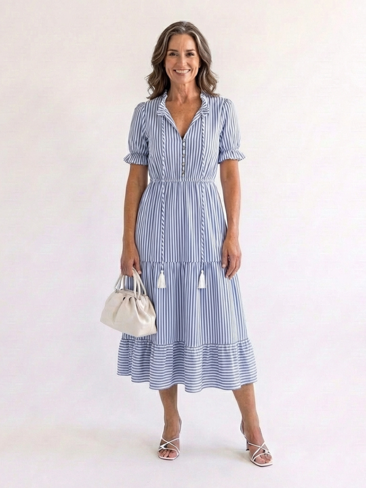 Marguerite Sky Blue Striped Tiered Midi Dress