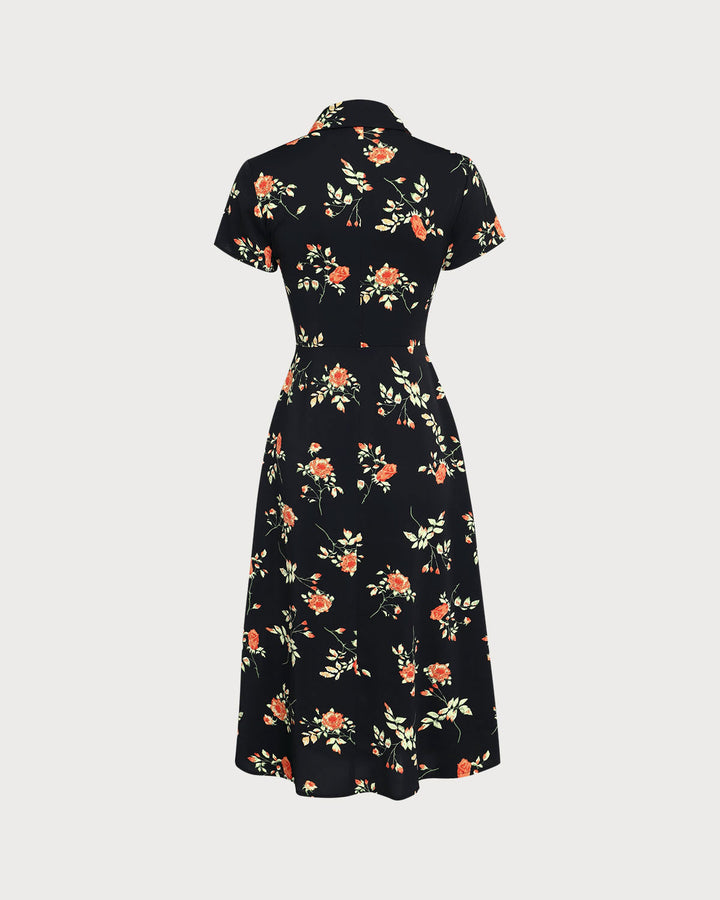 Amelia - Black Floral Button Midi Dress