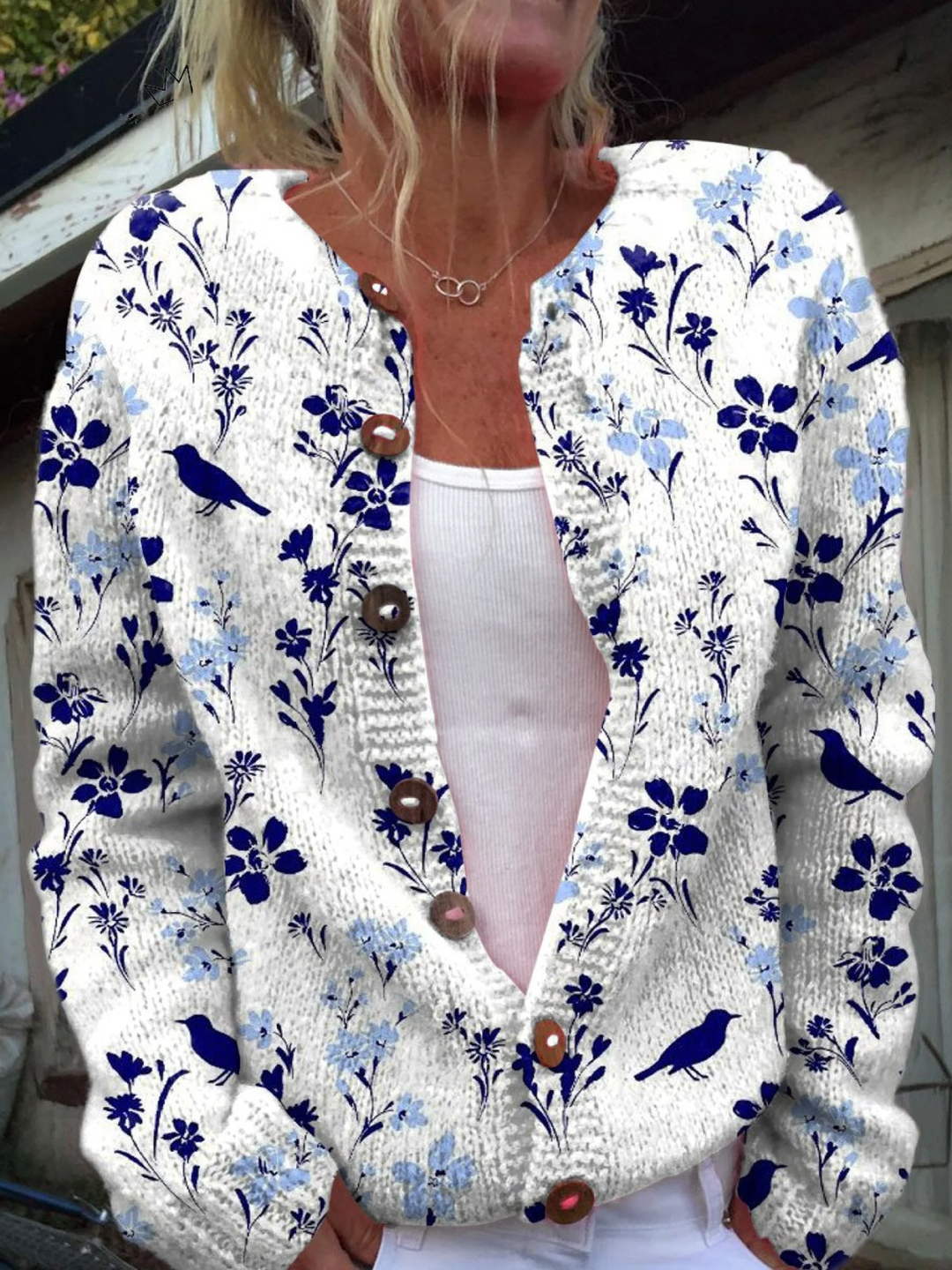 Vintage cardigan with floral art print and buttons