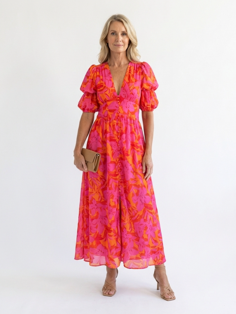 Augusta Pink Floral Puff-Sleeve Midi Dress