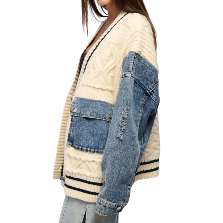Bianca | Relaxed Denim Patchwork Knit Cardigan