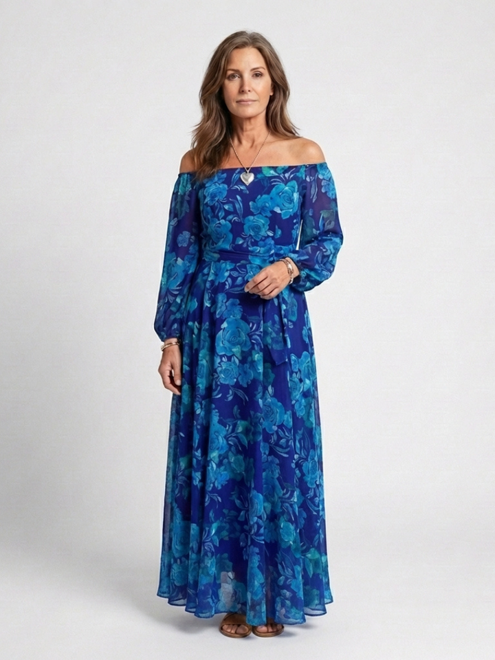 Beryl Blue Floral Off-Shoulder Maxi Dress