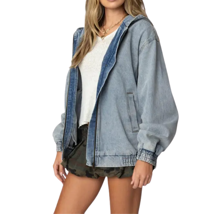 Zara | Hooded Vintage Washed Denim Bomber Jacket