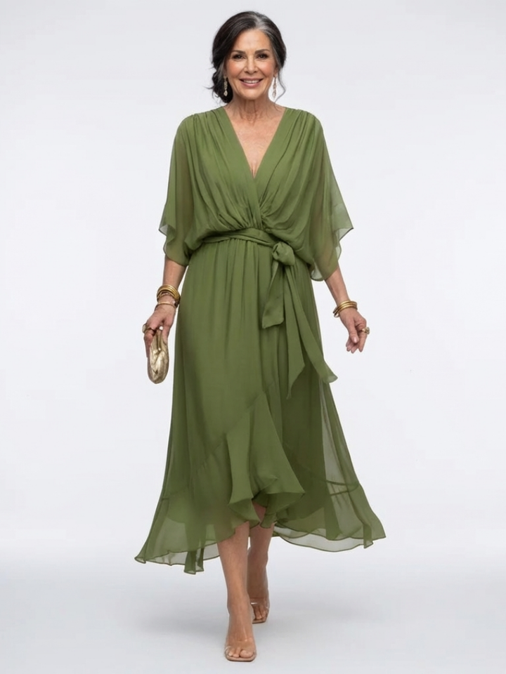 Theodora Draped Waist-Tie Midi Dress