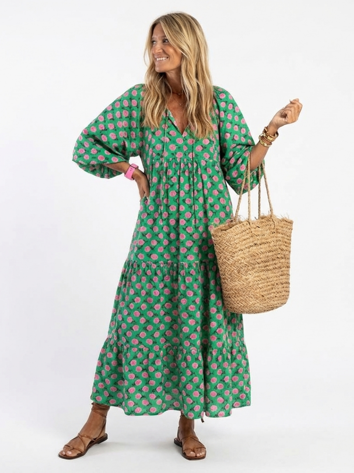Millicent Dark Green Floral Tiered Midi Dress