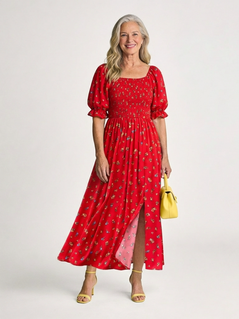 Marigold Red Floral Puff-Sleeve Midi Dress