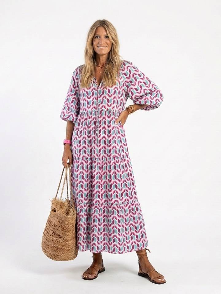Hyacinth Rose Gold Geometric Tiered Midi Dress