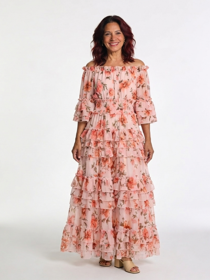 Doris Pink Off-Shoulder Ruffle Maxi Dress