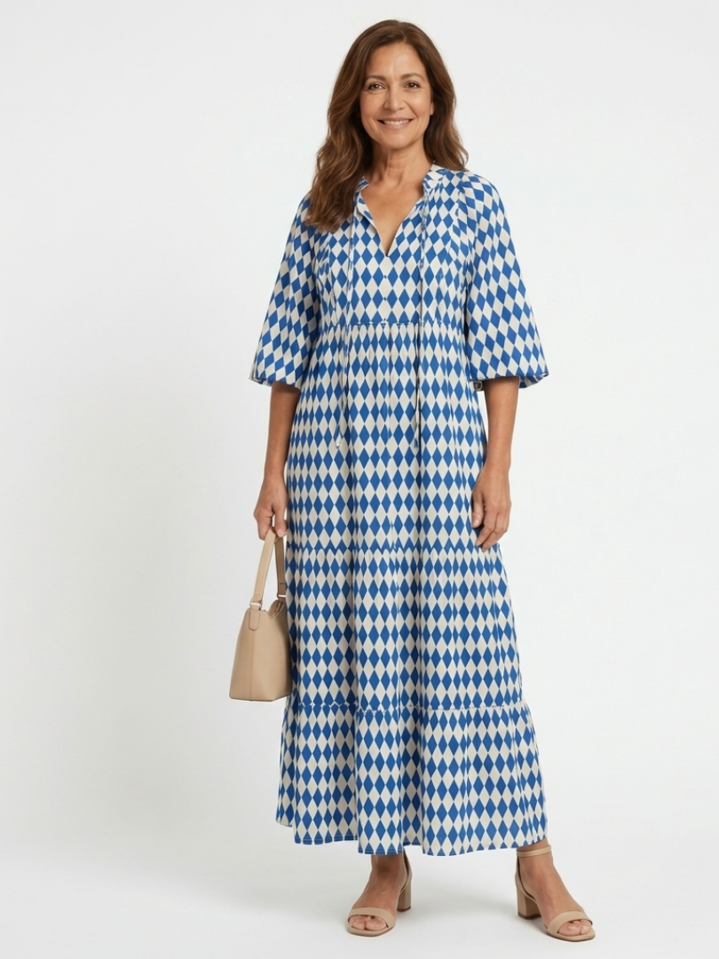 Ivy Sky Blue Diamond Print Midi Dress