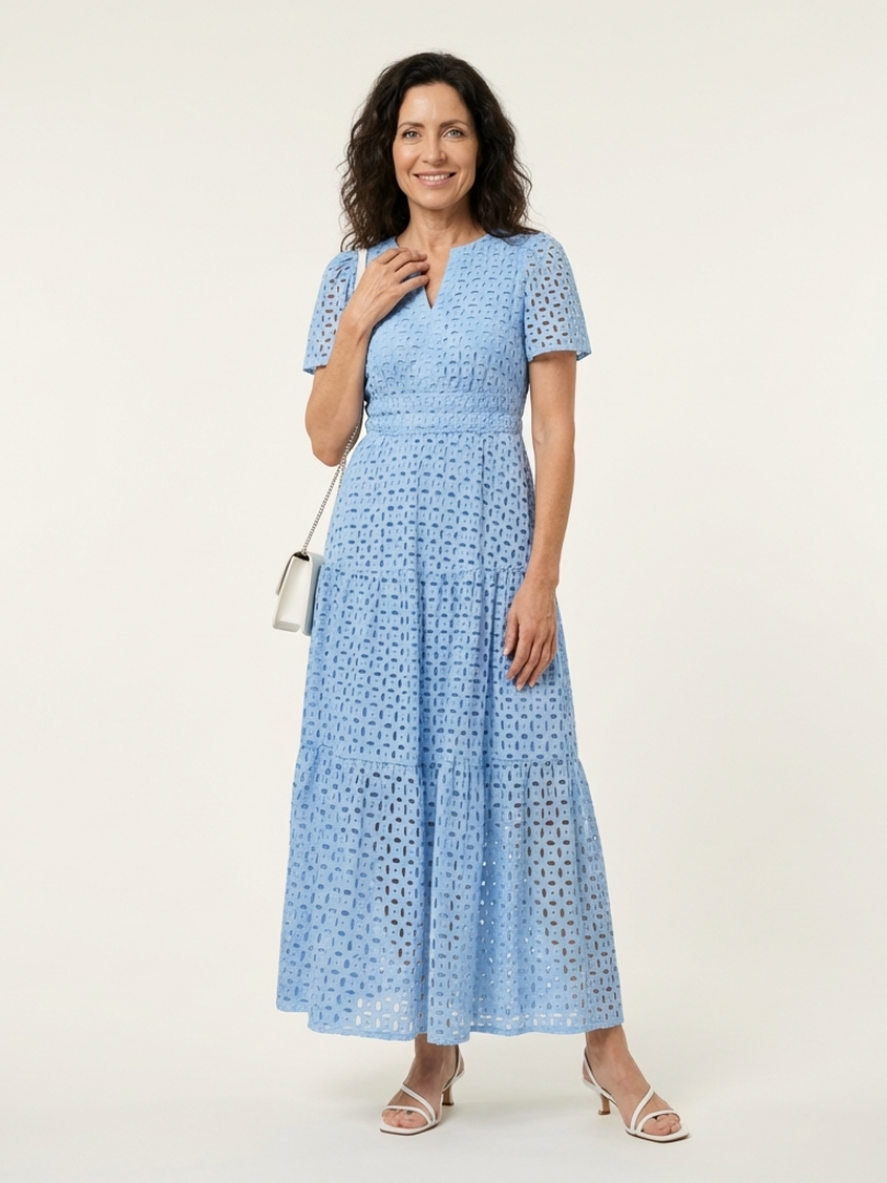 Seraphina Sky Blue Eyelet Tiered Midi Dress