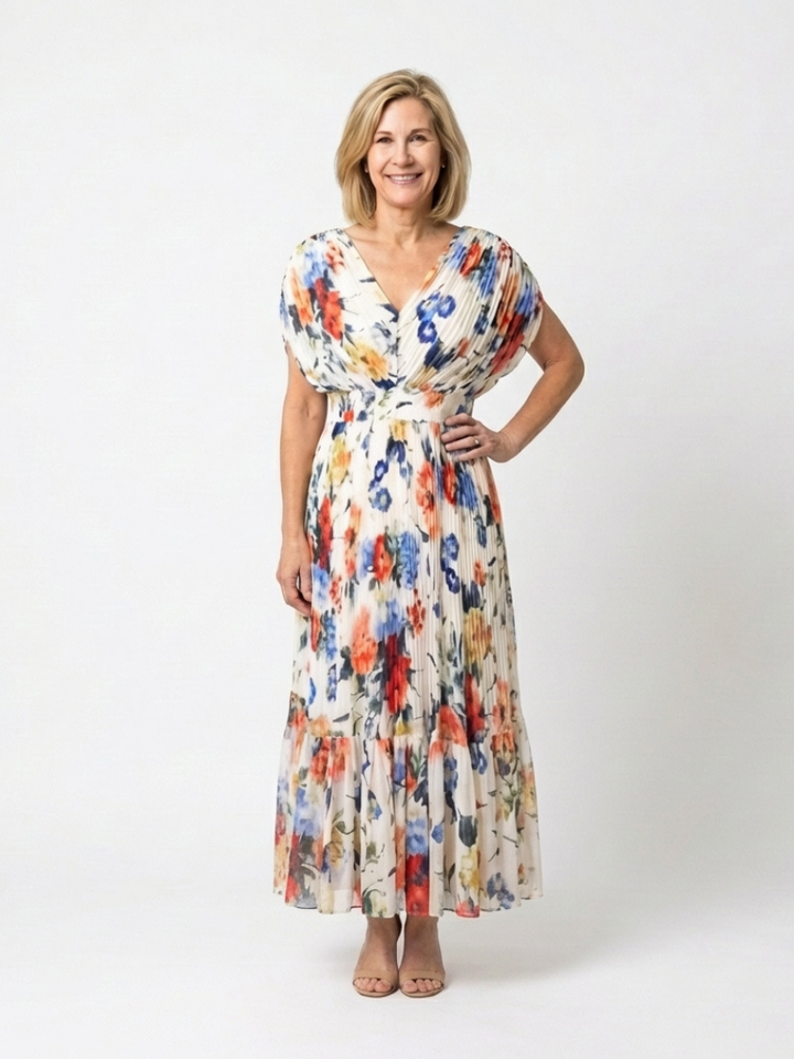Mira Multicolor Pleated Floral Midi Dress
