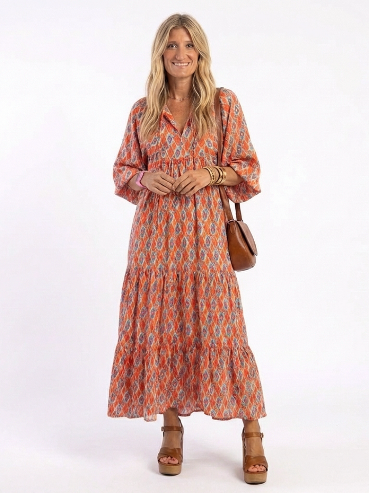 Verity Beige Geometric Tiered Midi Dress