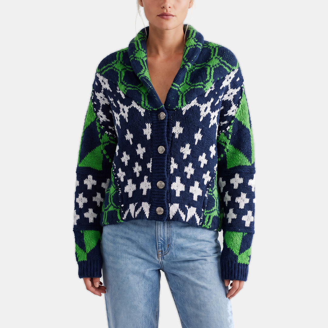 Women's Y2K Abstract Print Lapel Button Down Oversized Knit Cardigan