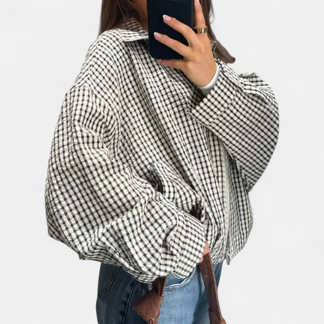 Sally | Gingham Check Cropped Bomber Jacket