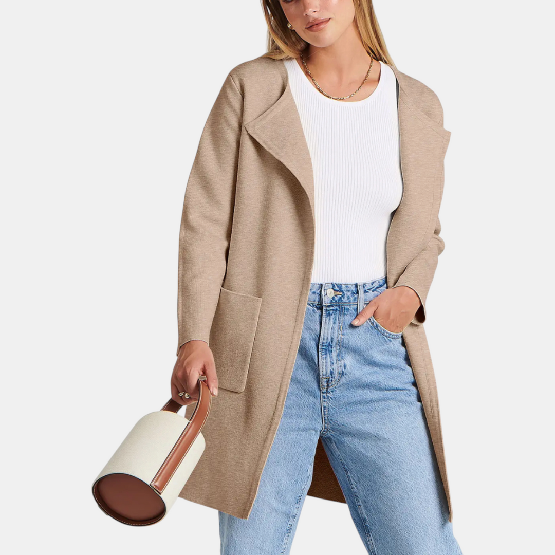 Women's Suit Collar Open Front Longline Knit Cardigan
