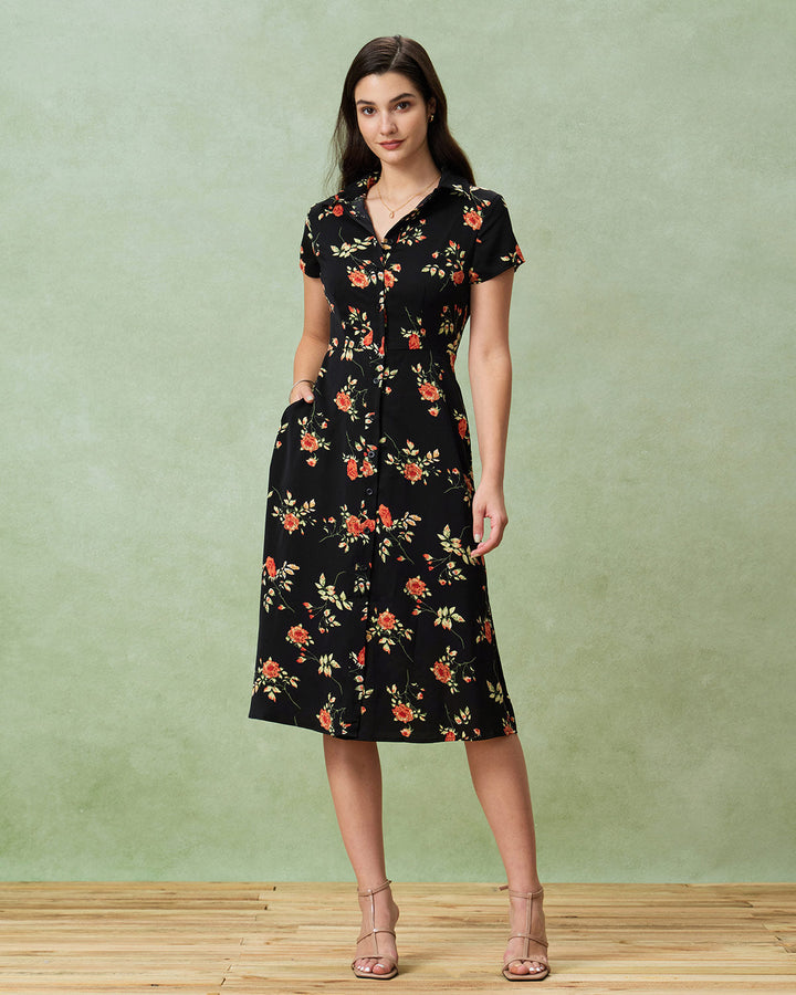 Amelia - Black Floral Button Midi Dress