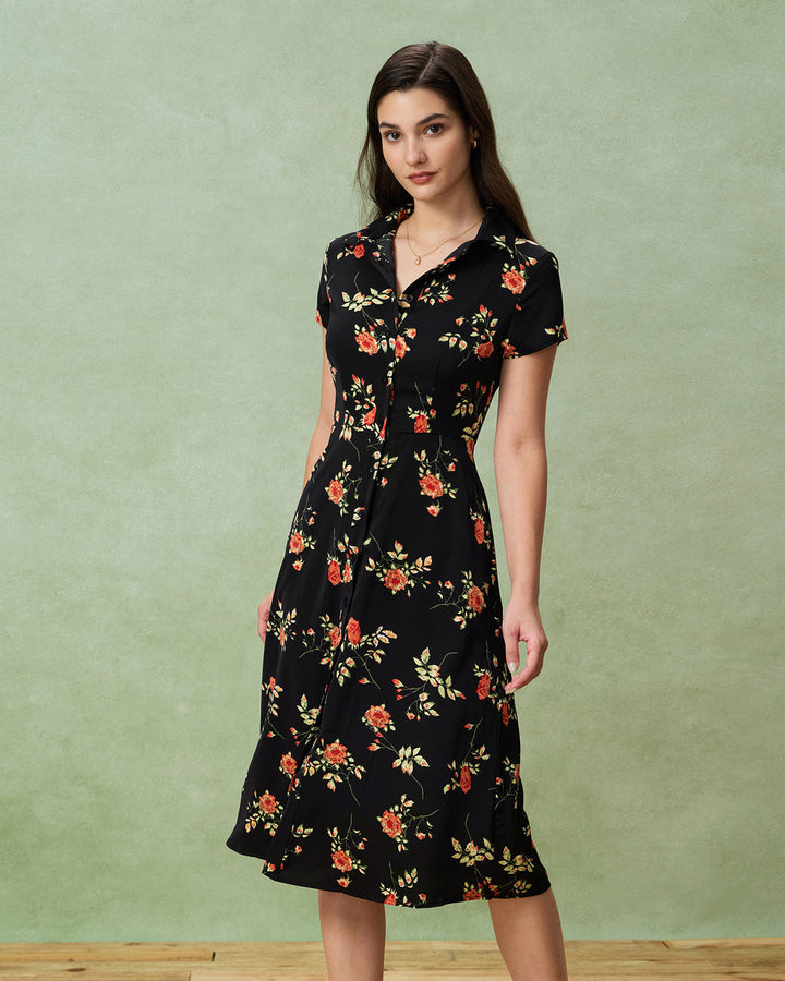 Amelia - Black Floral Button Midi Dress