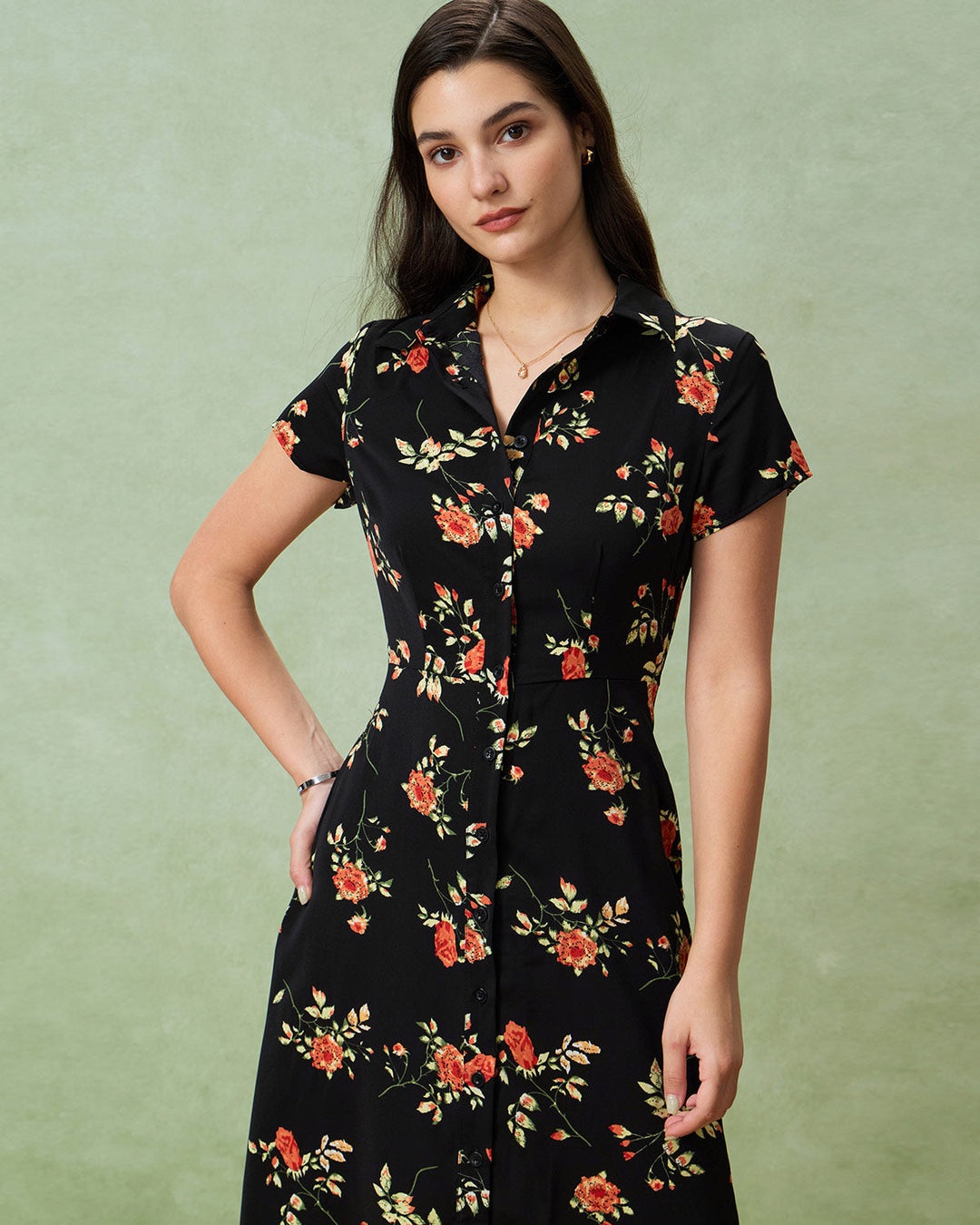 Amelia - Black Floral Button Midi Dress