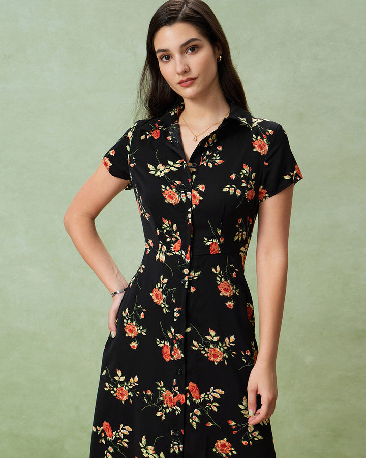 Amelia - Black Floral Button Midi Dress