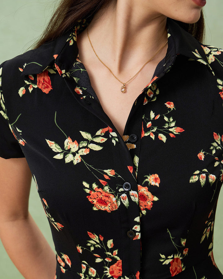Amelia - Black Floral Button Midi Dress