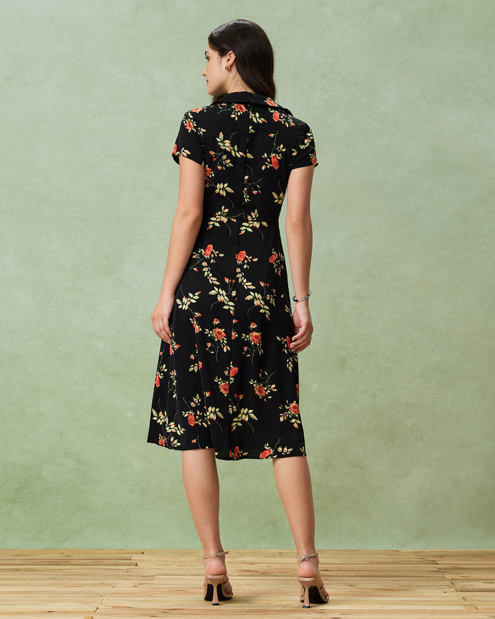 Amelia - Black Floral Button Midi Dress