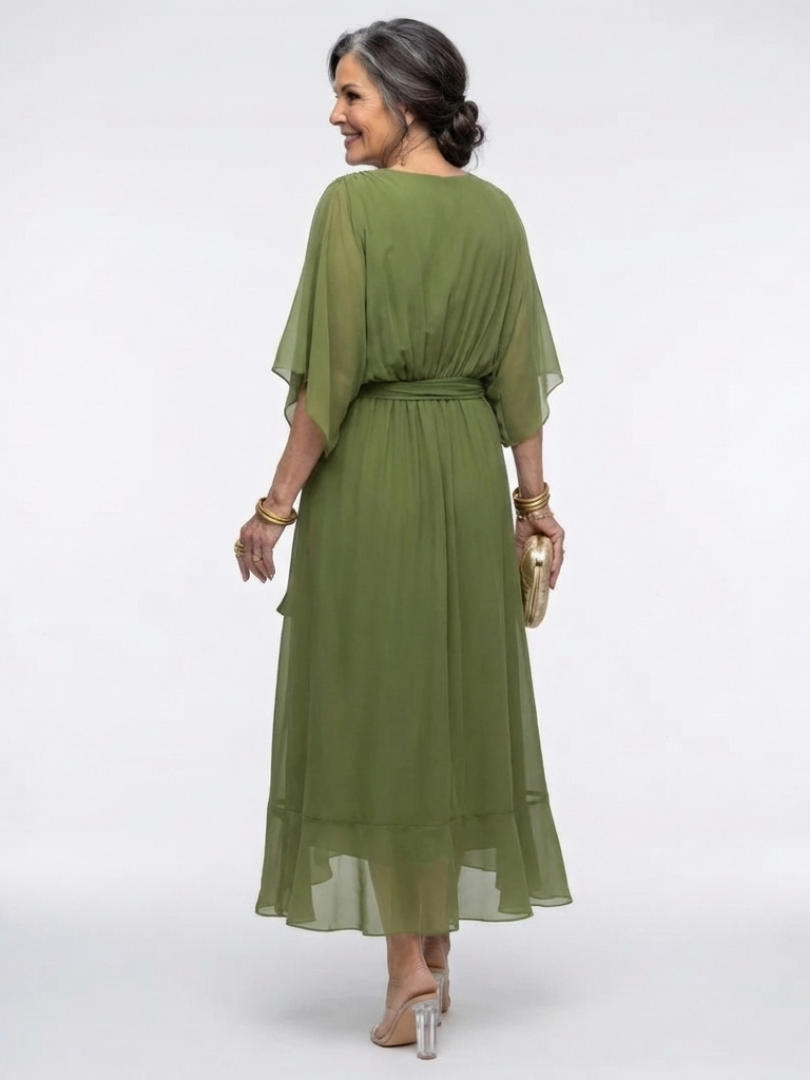 Theodora Draped Waist-Tie Midi Dress