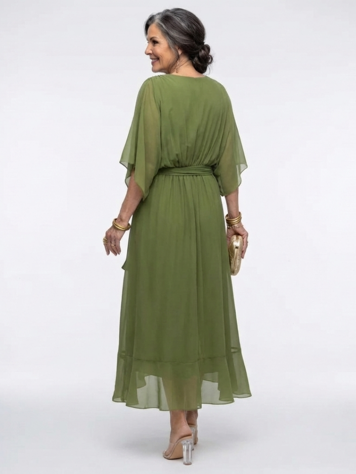 Theodora Draped Waist-Tie Midi Dress