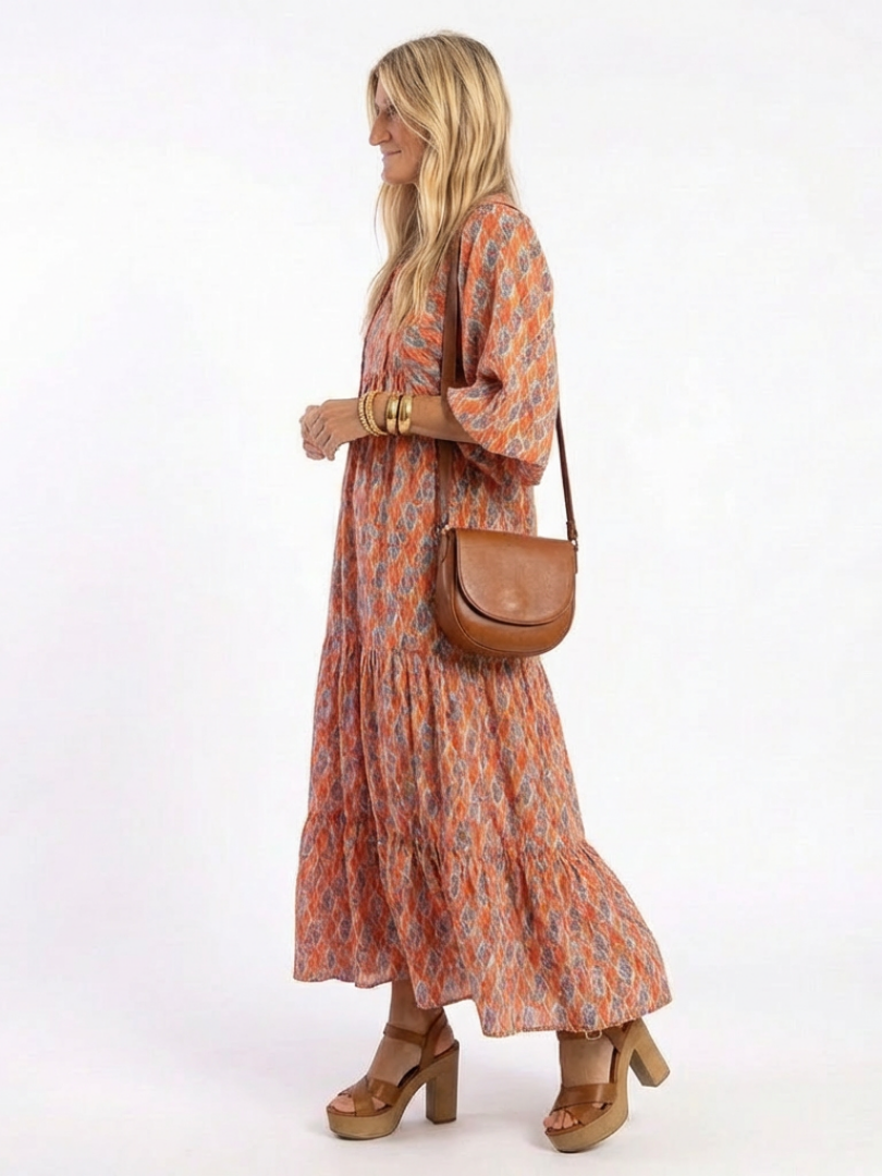 Verity Beige Geometric Tiered Midi Dress