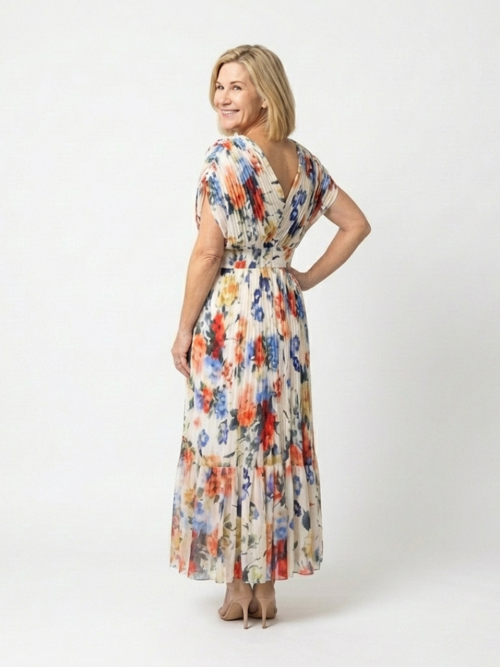 Mira Multicolor Pleated Floral Midi Dress