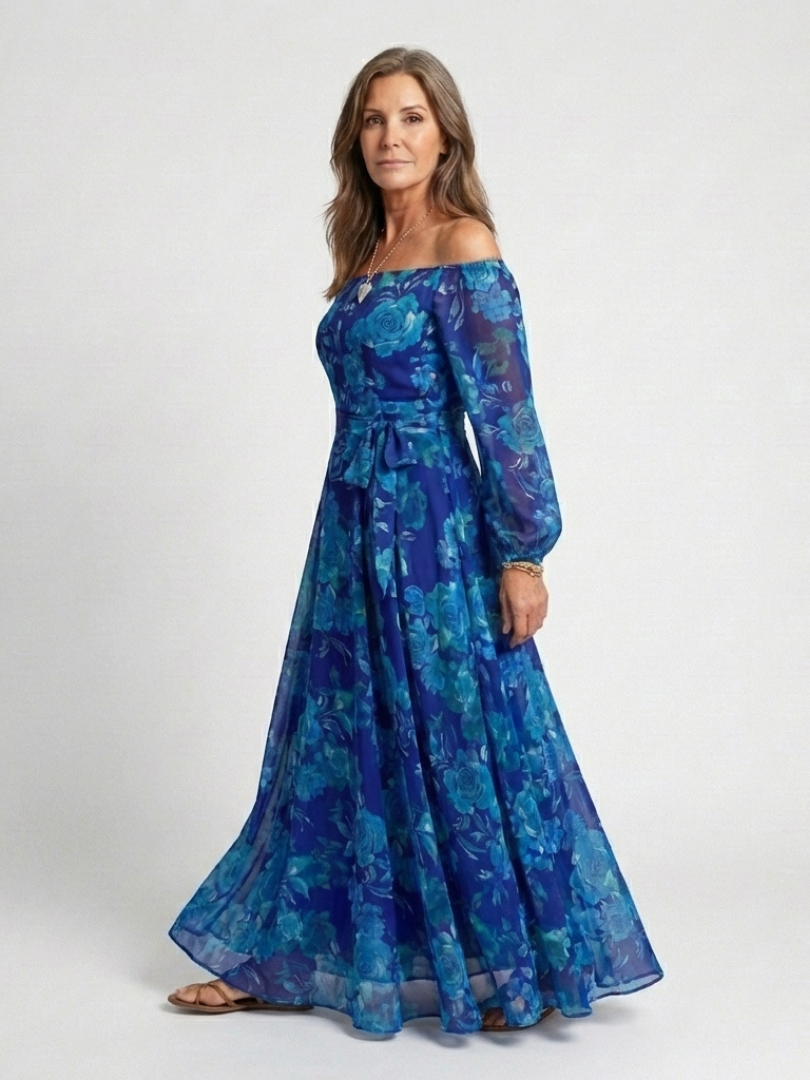 Beryl Blue Floral Off-Shoulder Maxi Dress