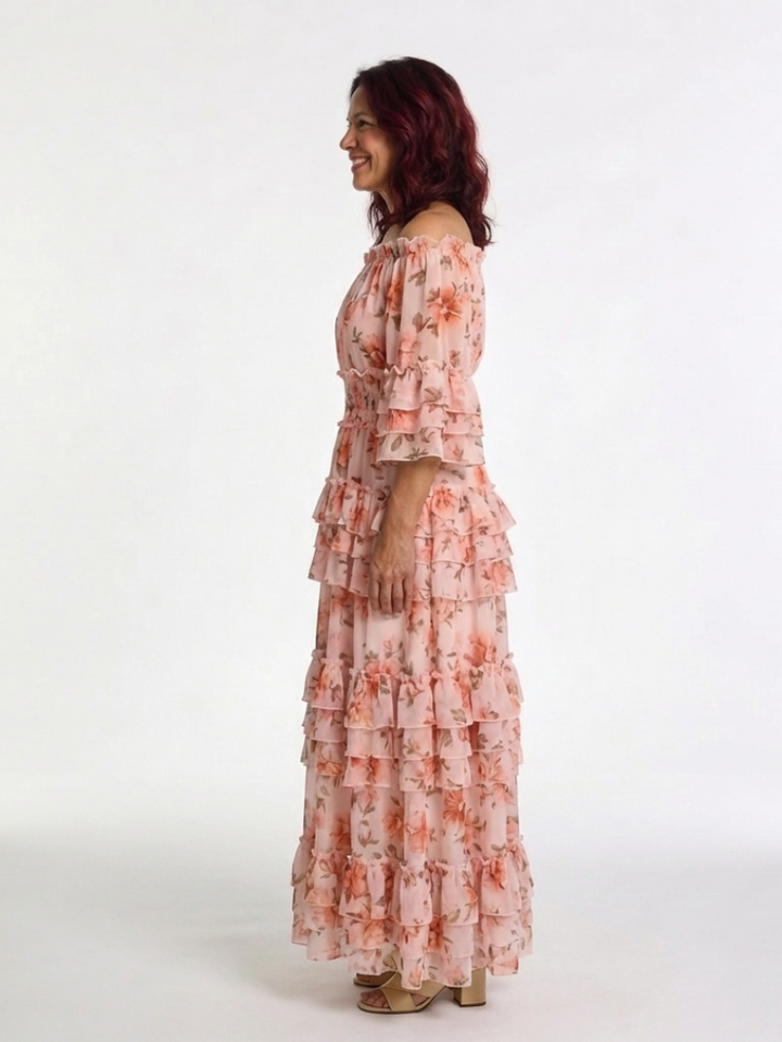 Doris Pink Off-Shoulder Ruffle Maxi Dress
