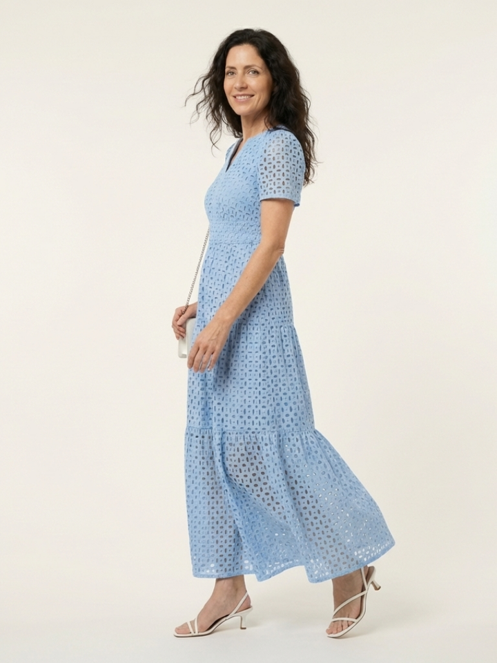 Seraphina Sky Blue Eyelet Tiered Midi Dress
