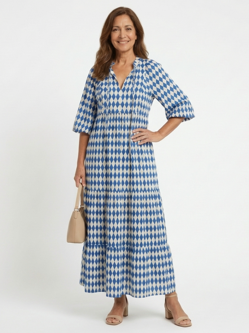 Ivy Sky Blue Diamond Print Midi Dress
