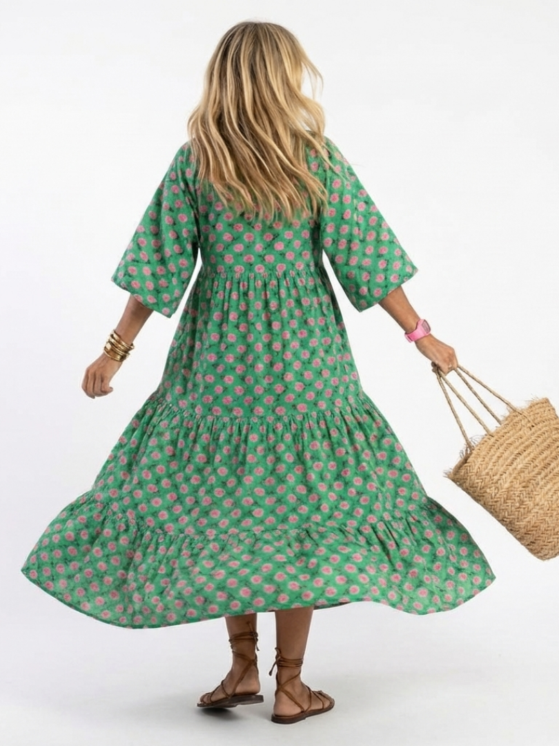 Millicent Dark Green Floral Tiered Midi Dress