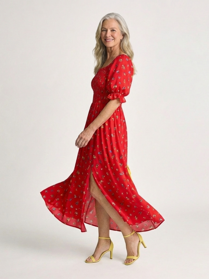 Marigold Red Floral Puff-Sleeve Midi Dress