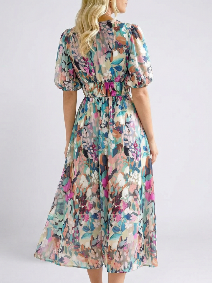 Hazel Floral Gathered-Waist Midi Dress