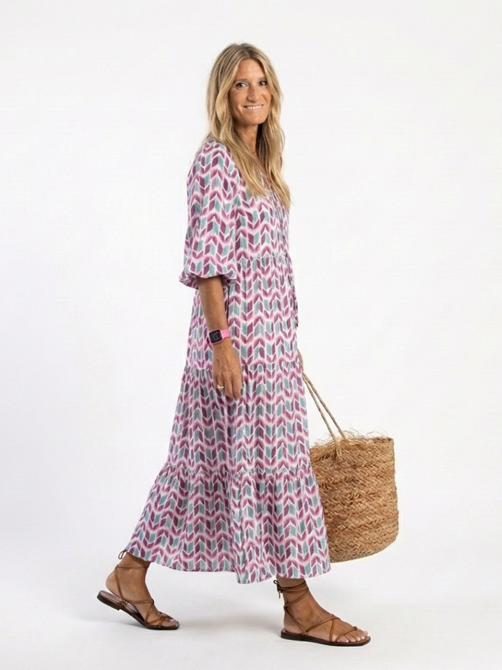 Hyacinth Rose Gold Geometric Tiered Midi Dress
