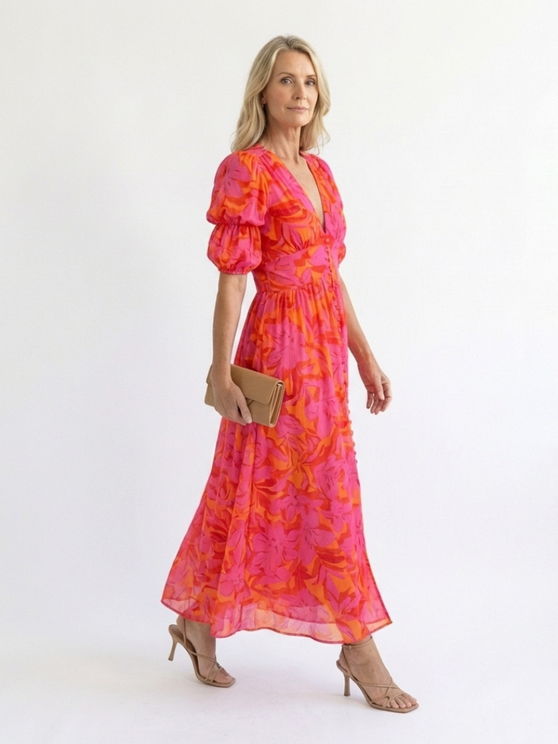 Augusta Pink Floral Puff-Sleeve Midi Dress