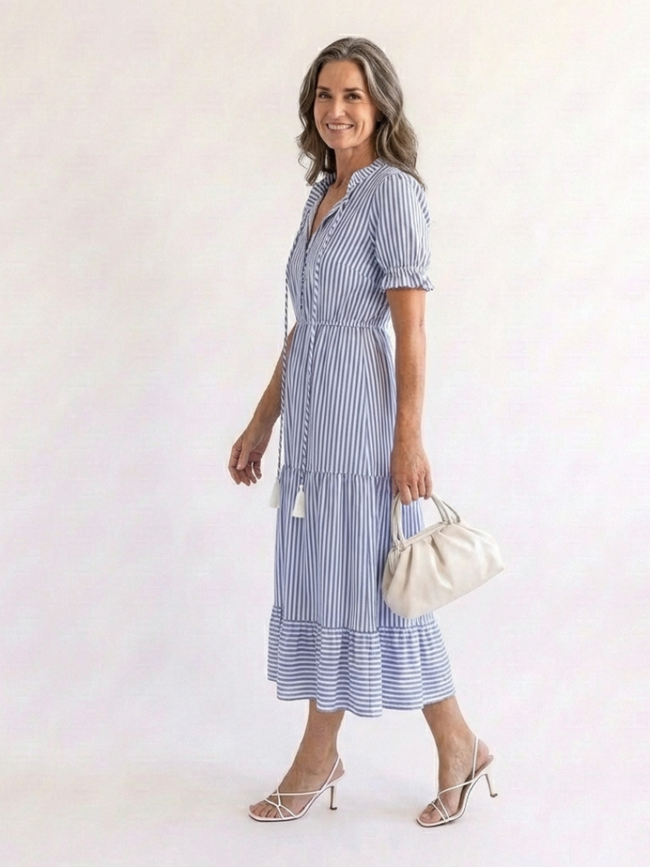 Marguerite Sky Blue Striped Tiered Midi Dress