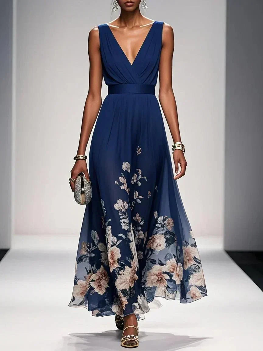 Zoe | Maxi dress made of chiffon with flowers light blue and V-neck