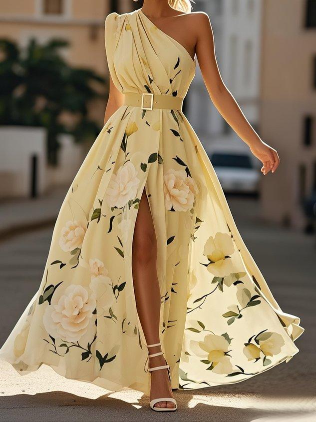 Olivia | Maxi dress chiffon with floral pattern with free shoulders light green