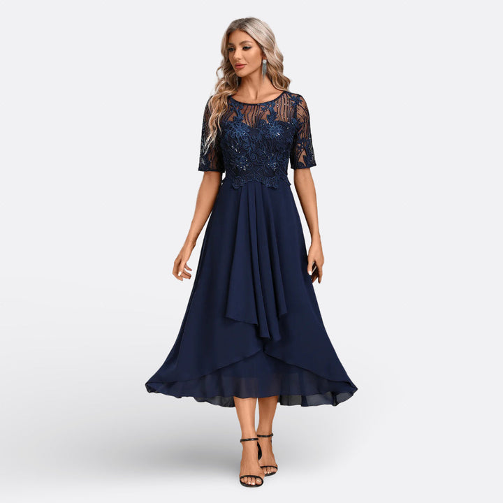 Isla - Short-Sleeve Lace Evening Dress