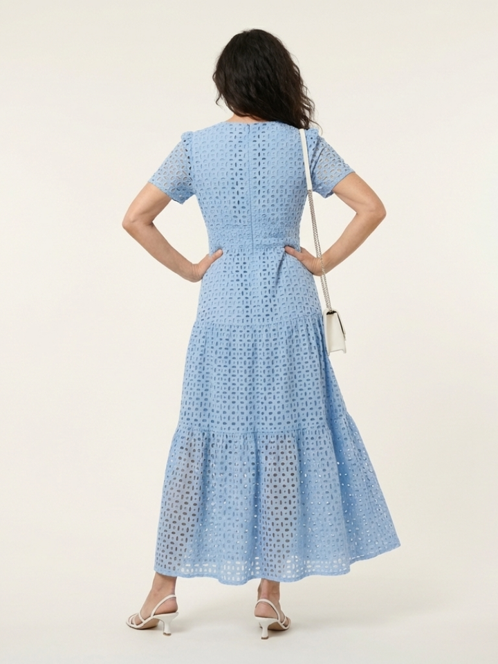 Seraphina Sky Blue Eyelet Tiered Midi Dress