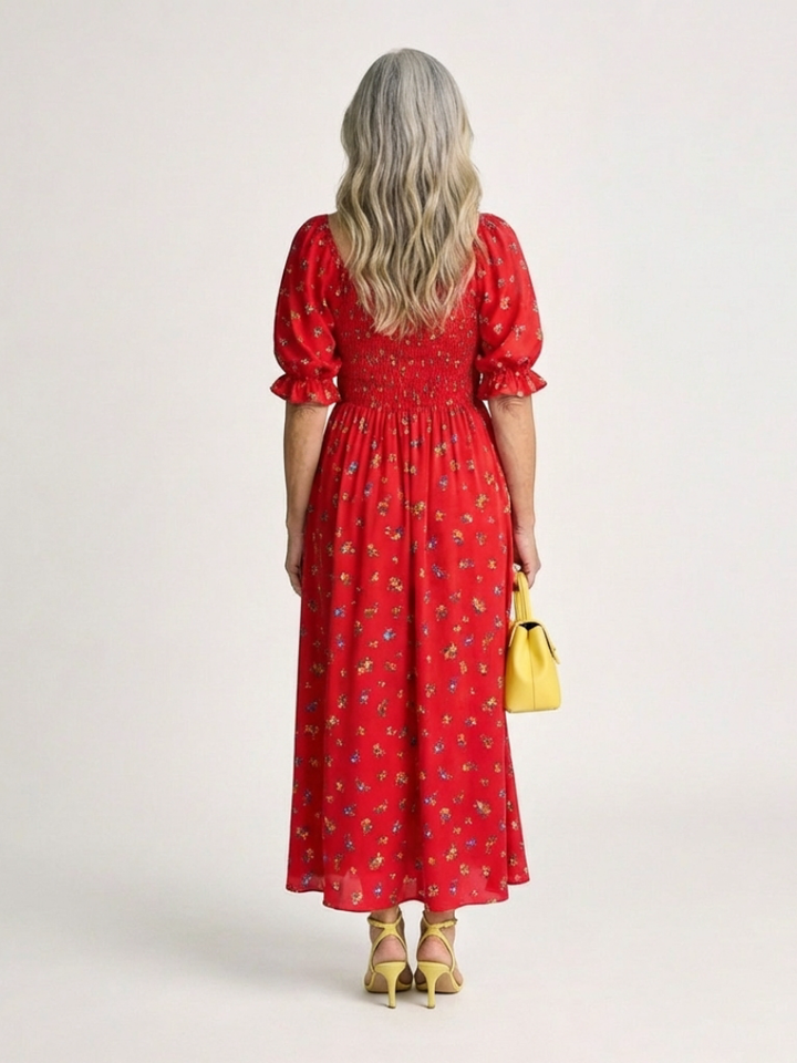 Marigold Red Floral Puff-Sleeve Midi Dress