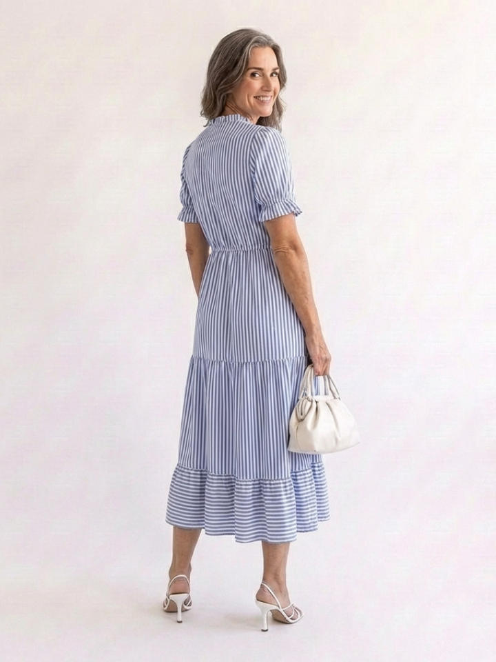 Marguerite Sky Blue Striped Tiered Midi Dress